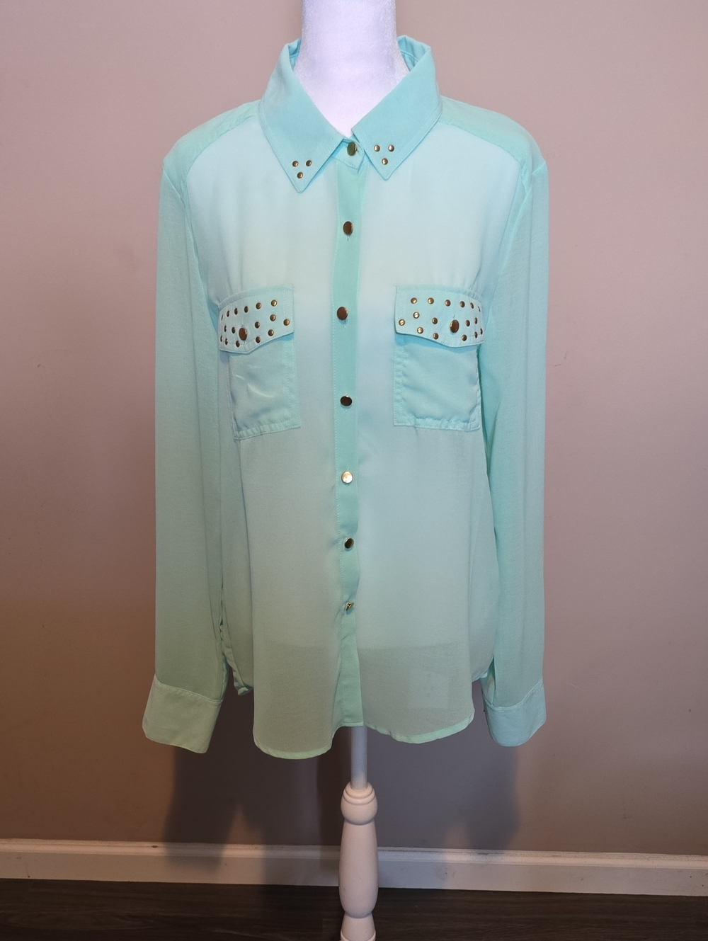 MNK Stud Pocket Mint Green Button-Down Blouse